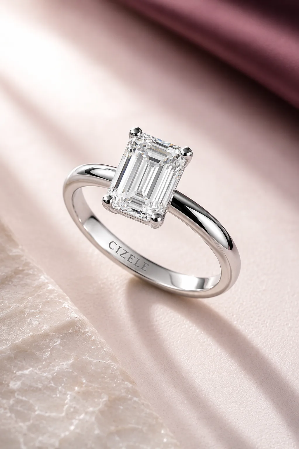 Baguette diamond wedding band in white gold, worn on the hand
