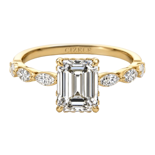 Nerine engagement ring with an emerald-cut diamond in yellow gold, front view
