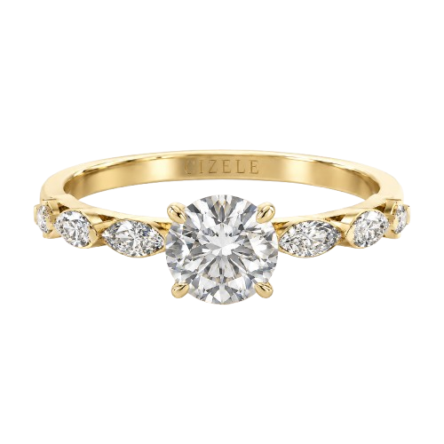 Nerine round brilliant engagement ring in yellow gold, front view