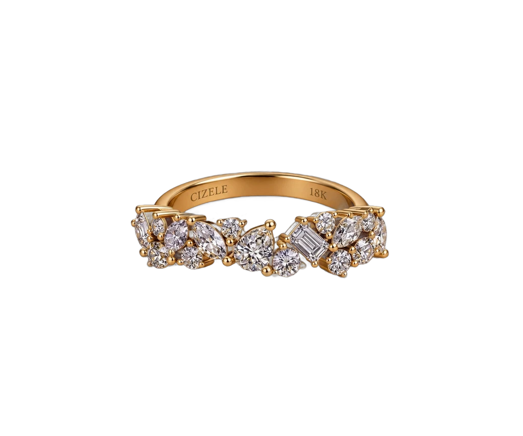 Baguette diamond wedding band in fancy cut band, worn on the hand